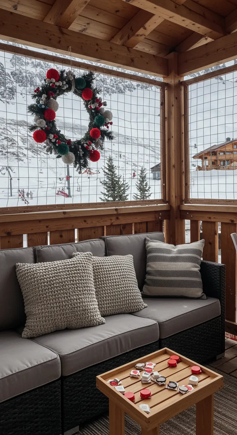 A festive wreath decorated with large red, white, and green pom-poms on a balcony.