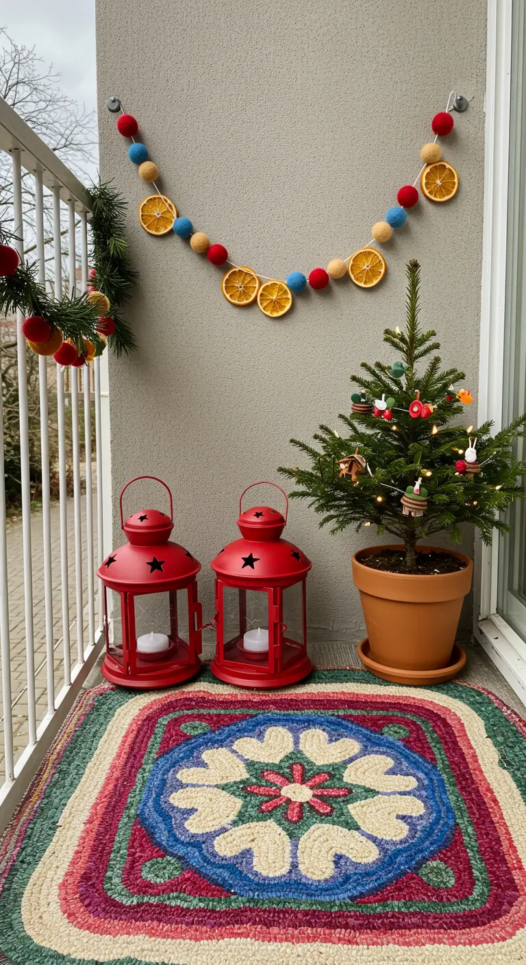 A colorful balcony with a hooked rug, red lanterns, a mini Christmas tree, and a pom-pom garland.