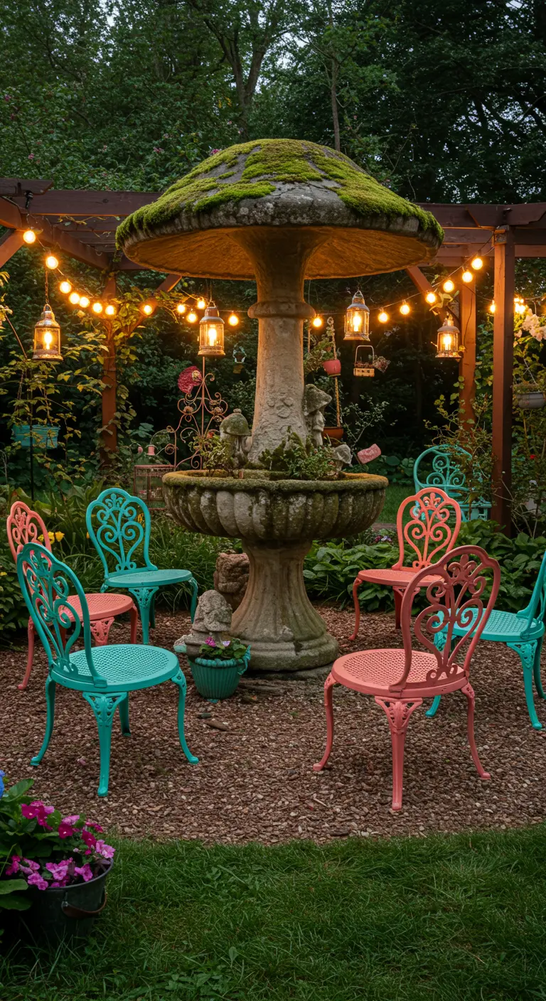 Whimsical mushroom-shaped fountain with colorful teal and coral chairs.