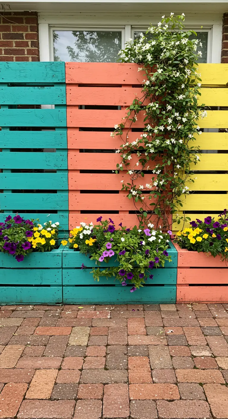 A pallet screen painted in bold blocks of teal, coral, and yellow, with planters filled with colorful flowers.