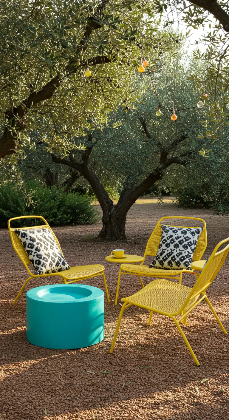 A bright turquoise birdbath surrounded by yellow chairs with graphic black-and-white pillows.