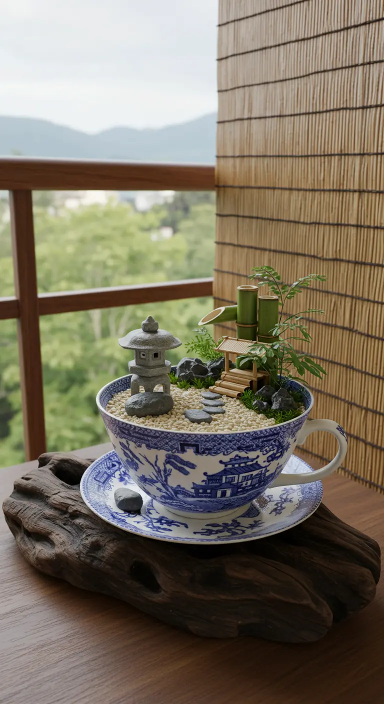 A blue and white teacup holding a miniature Japanese garden with a pagoda and bamboo.