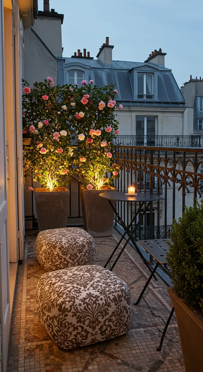 A small Parisian balcony with patterned poufs, a bistro set, and illuminated rose bushes.