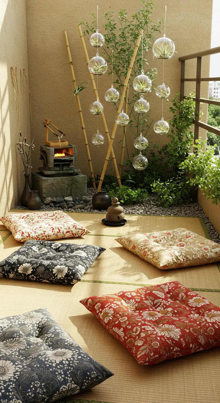 A zen-inspired balcony with floor cushions, bamboo poles, and a small water feature.
