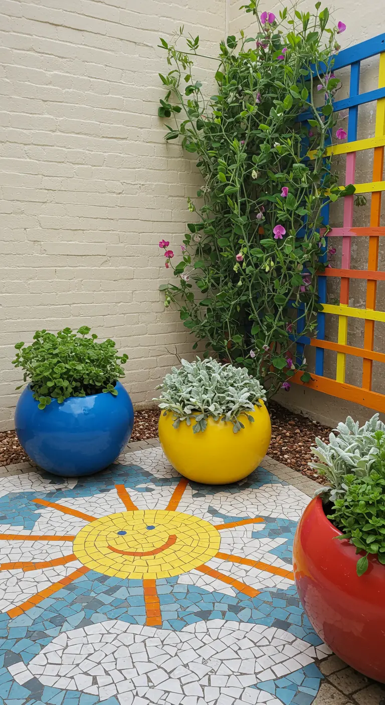 A child-friendly patio with a colorful sun mosaic and bright red, yellow, and blue planters.