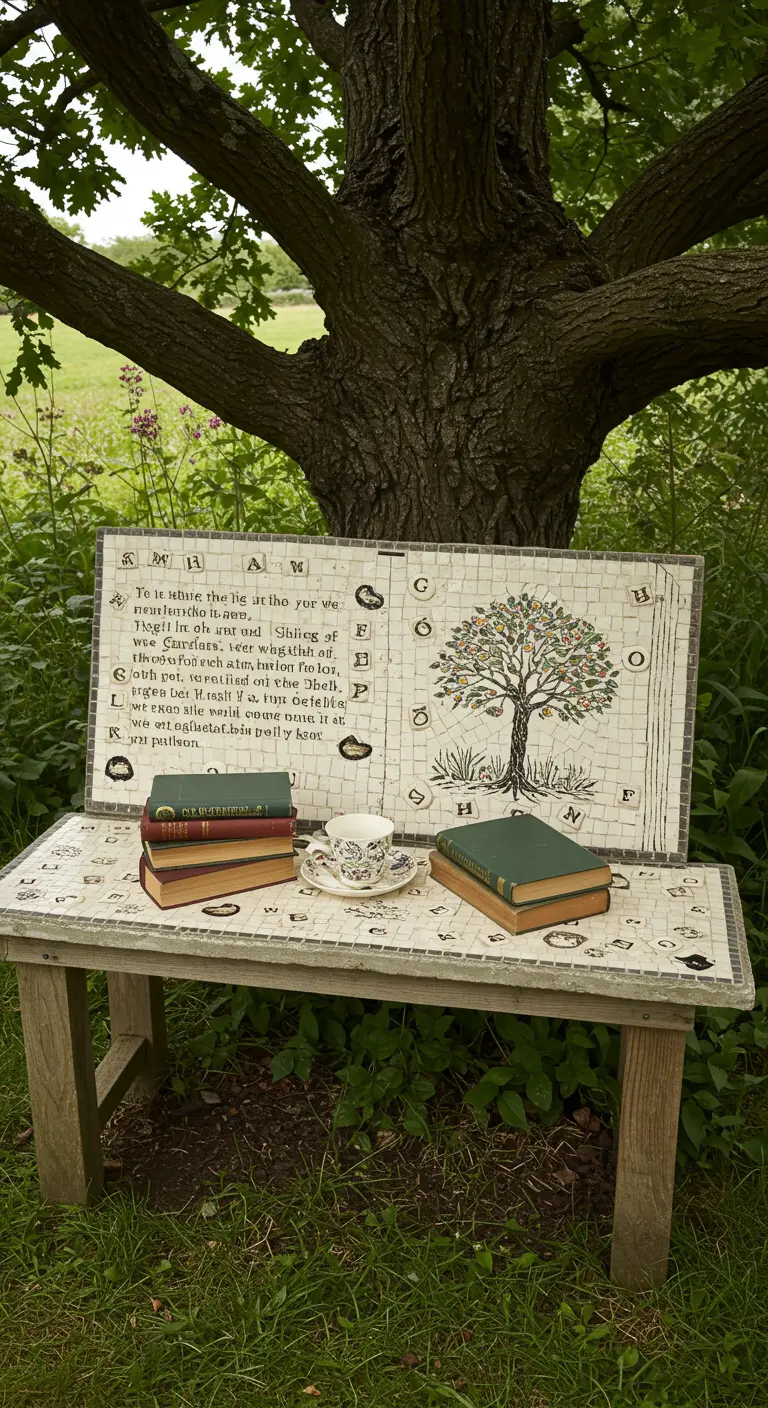 A wooden bench with a mosaic featuring a tree and lines of poetry, placed under a large oak tree.