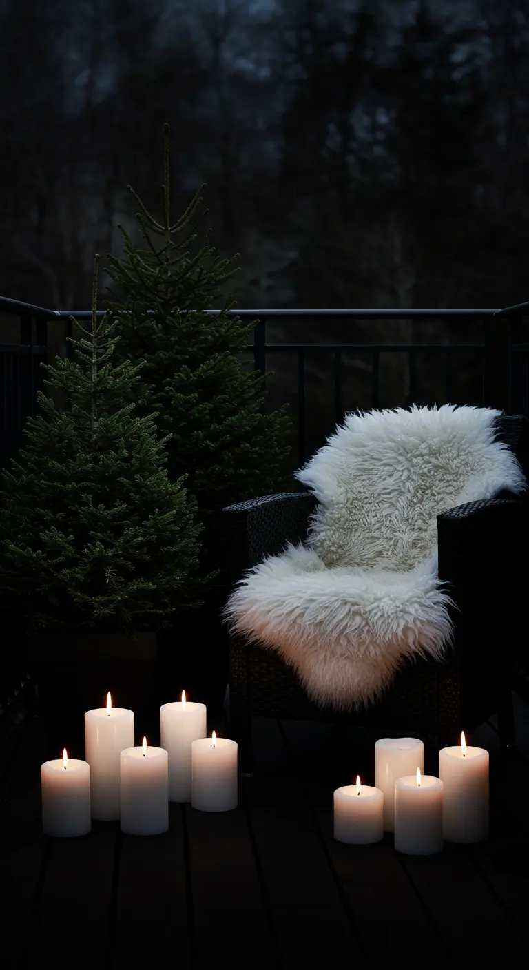 A dark balcony with a chair and white fur throw illuminated only by a cluster of candles.