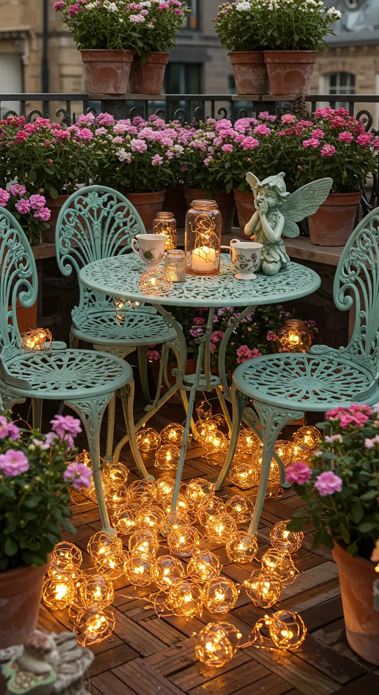 A mint green bistro set on a balcony with a pile of glowing globe lights on the floor.