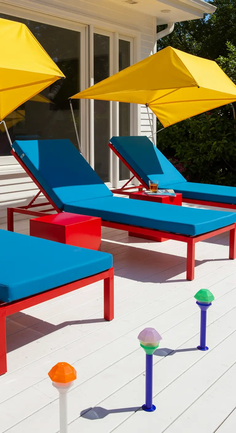 Bright red-framed sunbeds with blue cushions and a yellow canopy on a white deck.