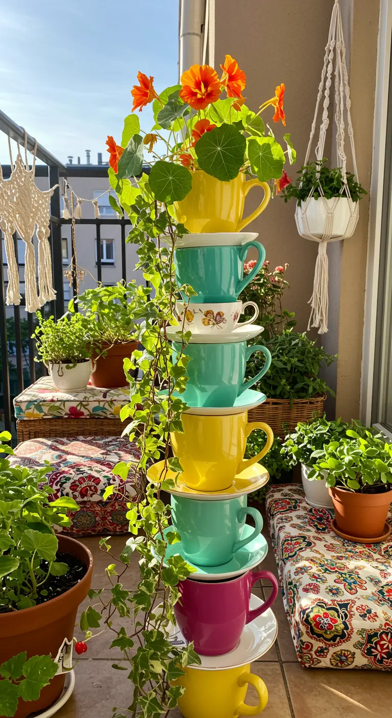 A cheerful tower of colorful teacups planted with orange nasturtiums on a sunny balcony.