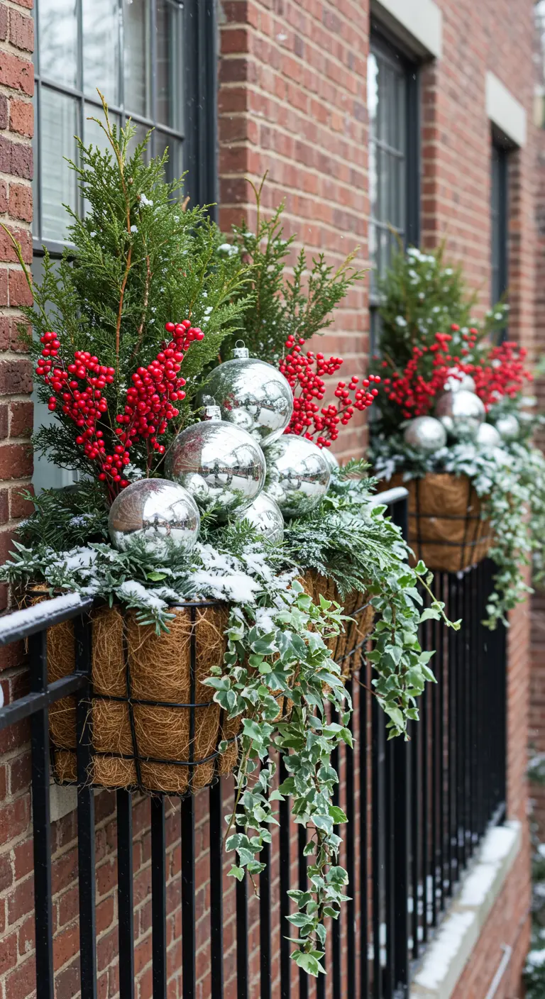 A window box filled with evergreens, red berries, and large silver Christmas ornaments.