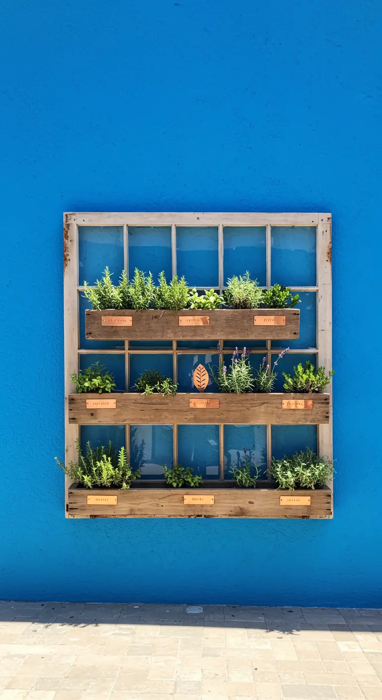 A rustic window frame planter with herbs mounted on a shockingly bright blue exterior wall.
