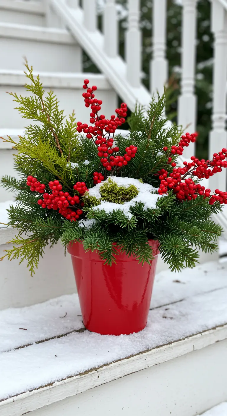 A glossy red pot on a white step, filled with a simple arrangement of evergreens and winterberries.