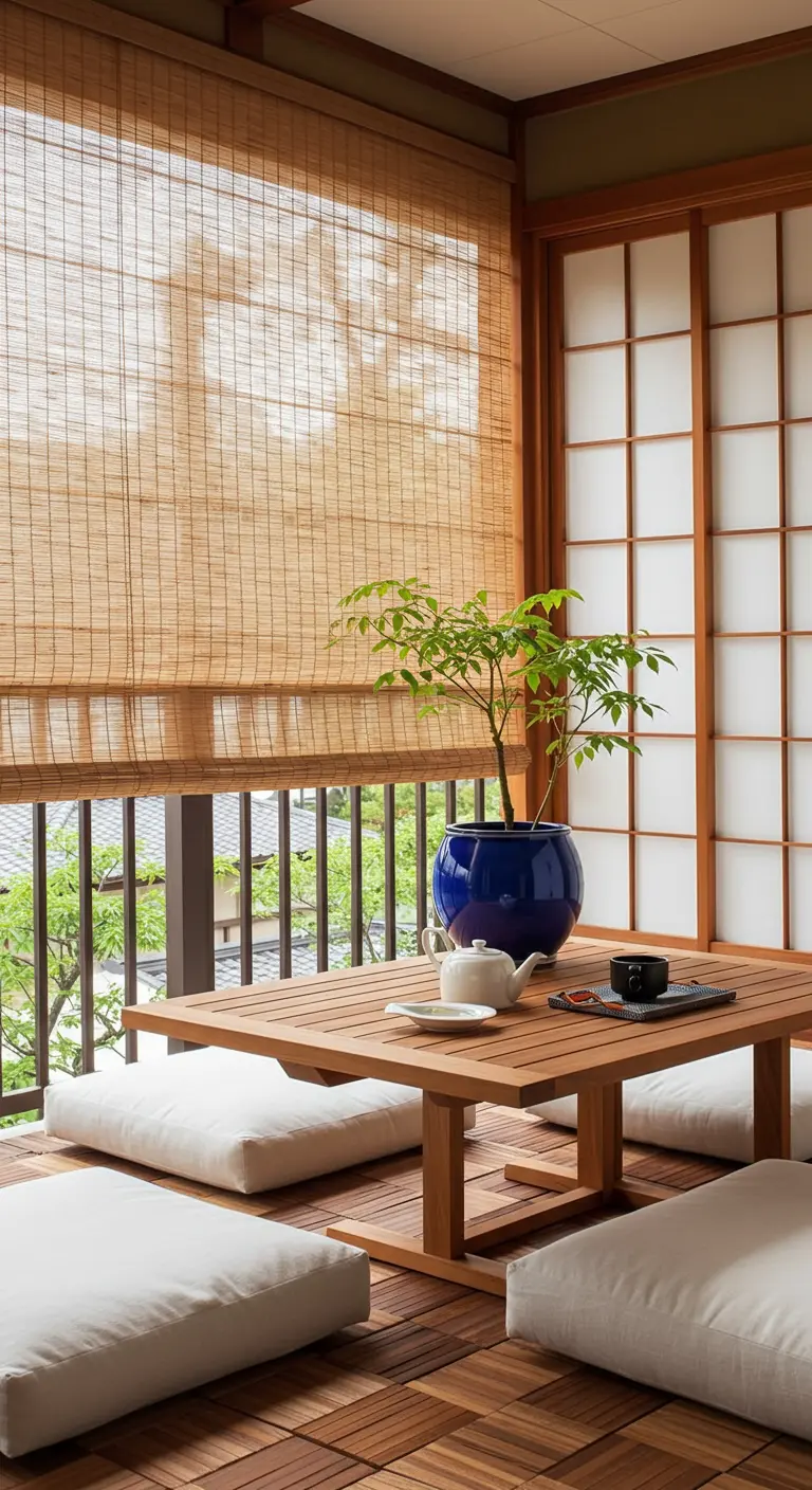 A Japandi balcony featuring a striking cobalt blue planter holding a small tree.