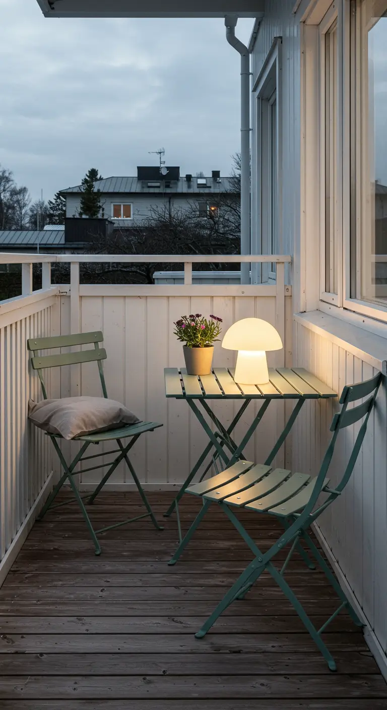 Balcony with a green bistro set and a modern, mushroom-shaped cordless lamp on the table.