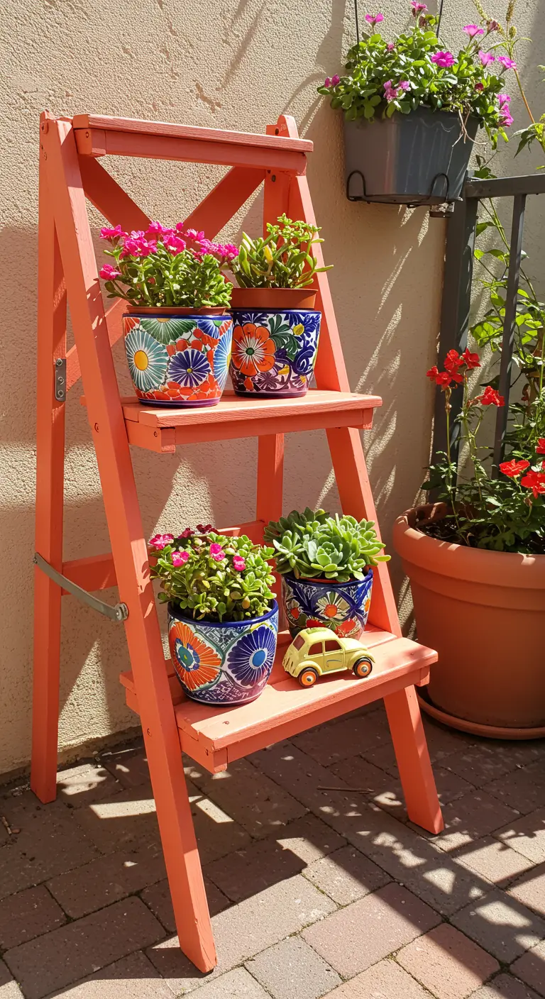 A small coral-painted step ladder holding succulents in colorful, hand-painted Mexican pots.