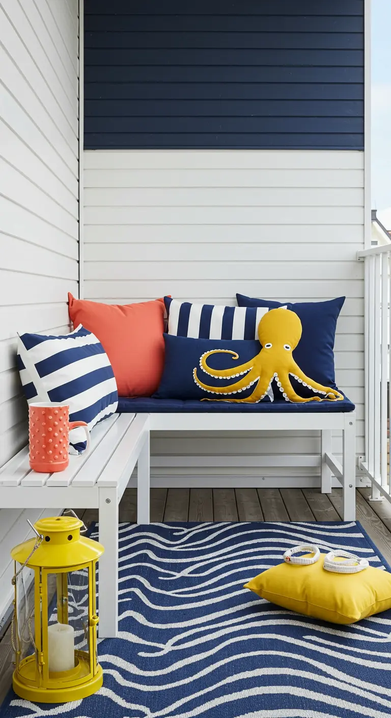 A nautical balcony with navy, coral, and a fun yellow octopus pillow.