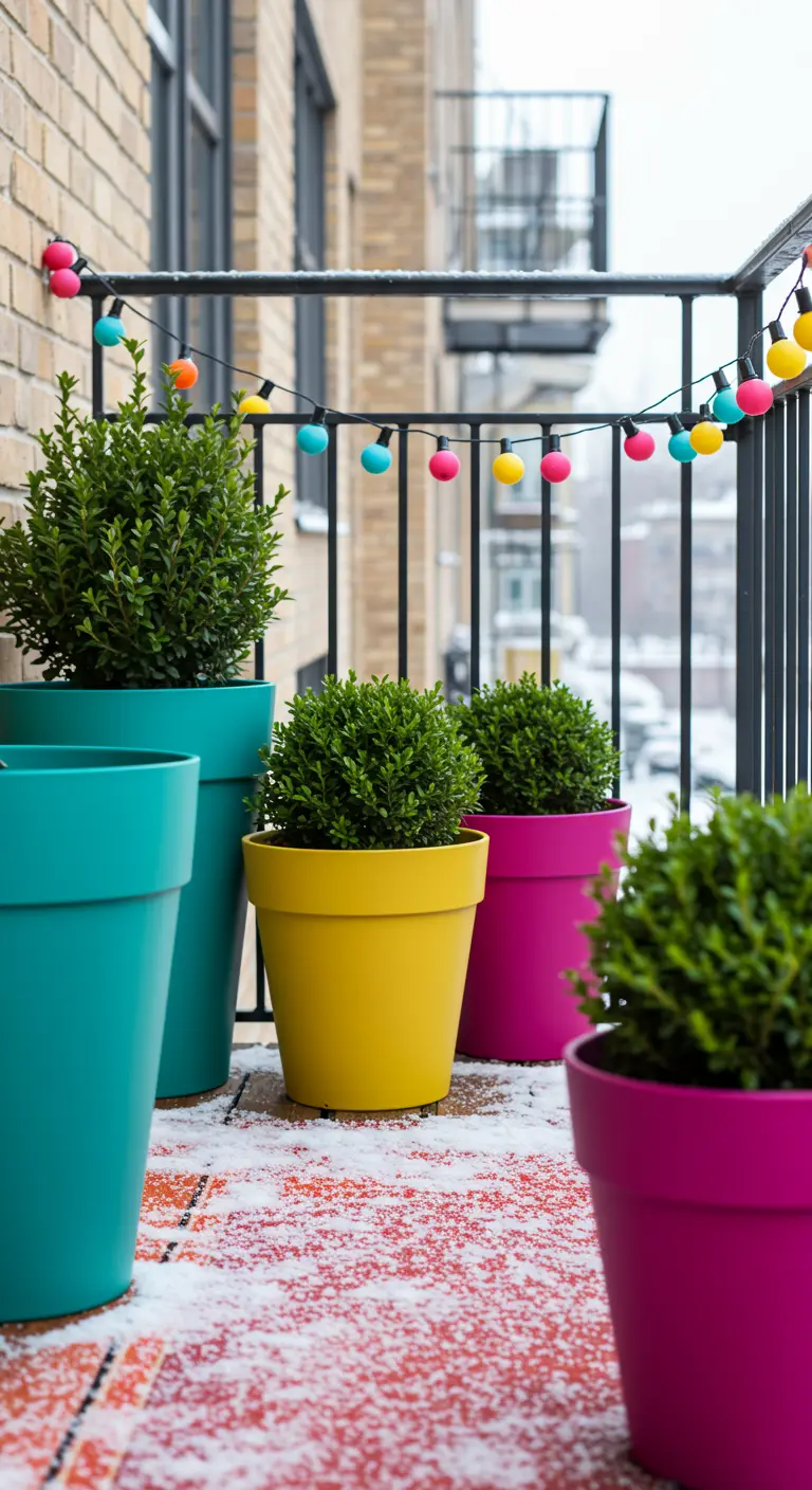 Brightly colored planters in teal, yellow, and magenta hold boxwoods on a snowy balcony.