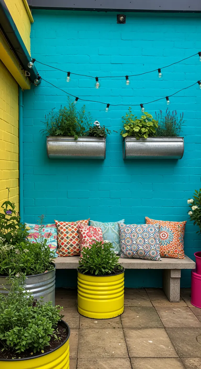 A vibrant turquoise wall with hanging metal planters and a concrete bench with colorful pillows.