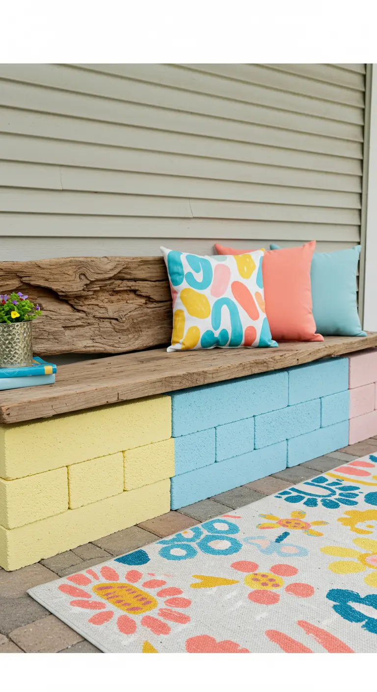 A long cinder block bench painted in pastel color blocks of yellow, blue, and pink.