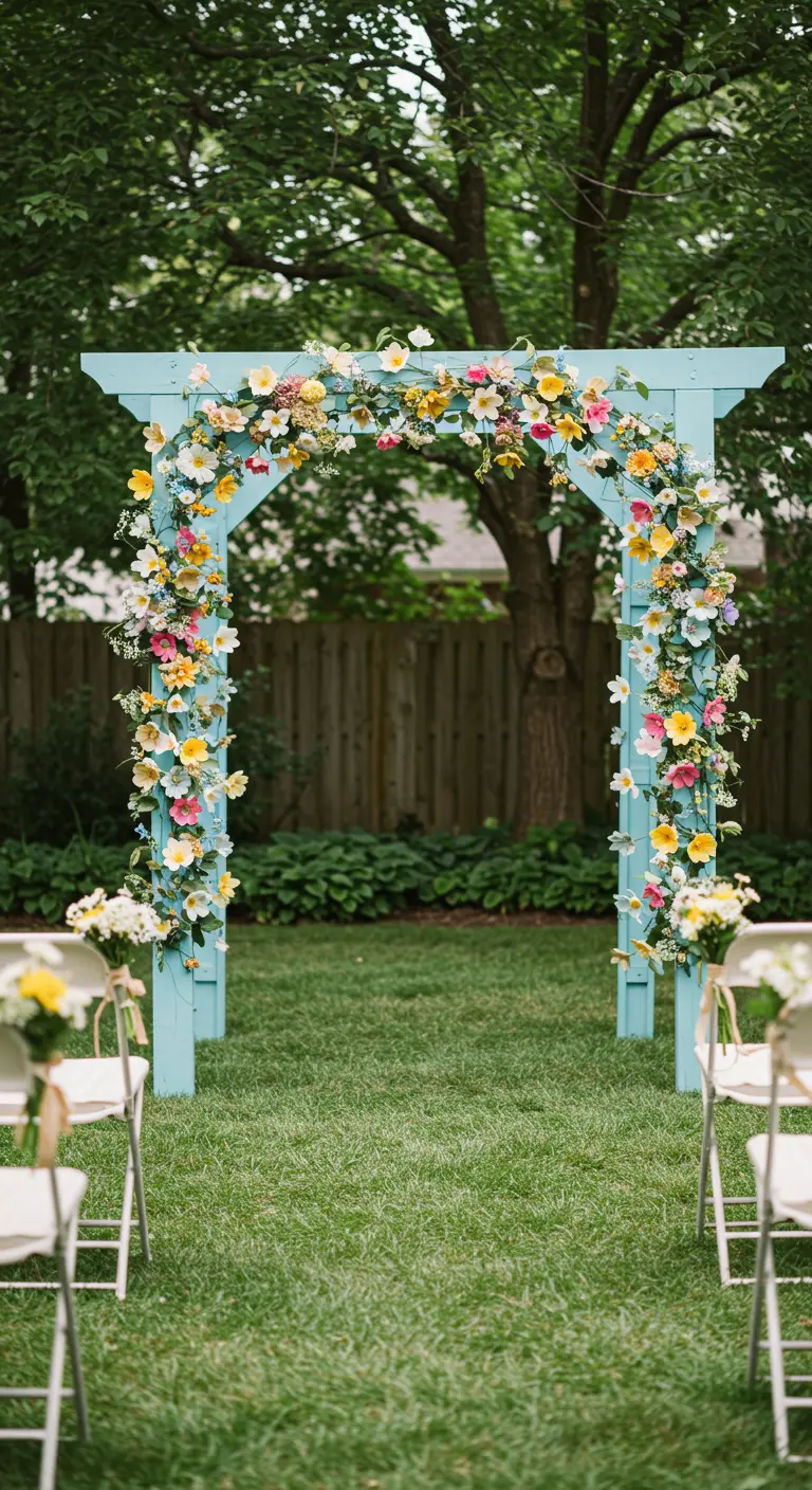 A bright blue painted wooden arch covered in a cascade of colorful garden flowers.