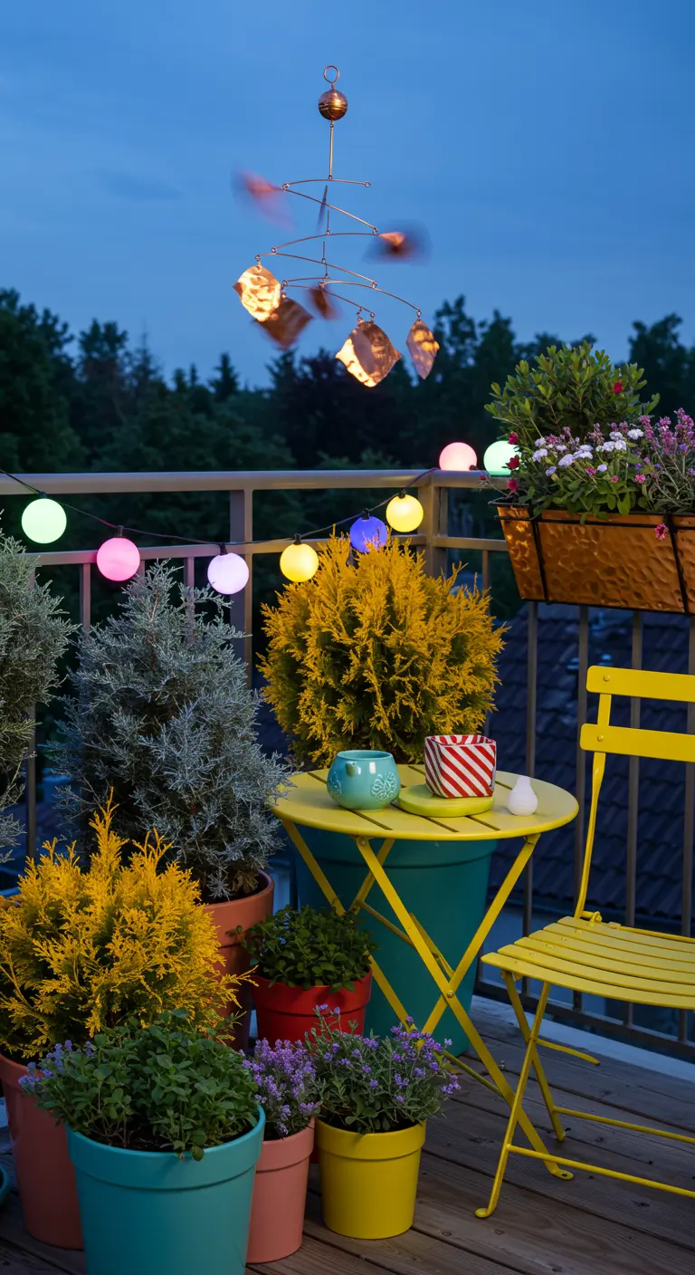 A vibrant balcony with a yellow bistro set, colorful planters, and a copper wind mobile.