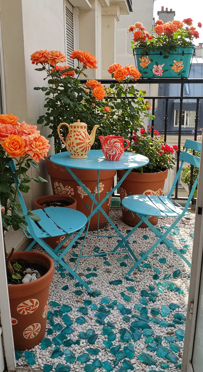 A bright turquoise bistro set on a balcony with orange roses and blue glass mixed in with pebbles.
