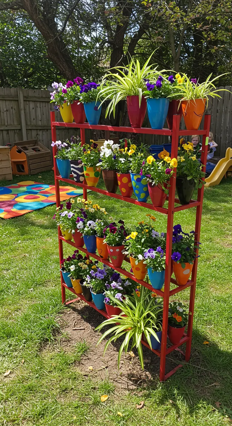A red metal shelf holding colorful pots of flowers in a backyard.