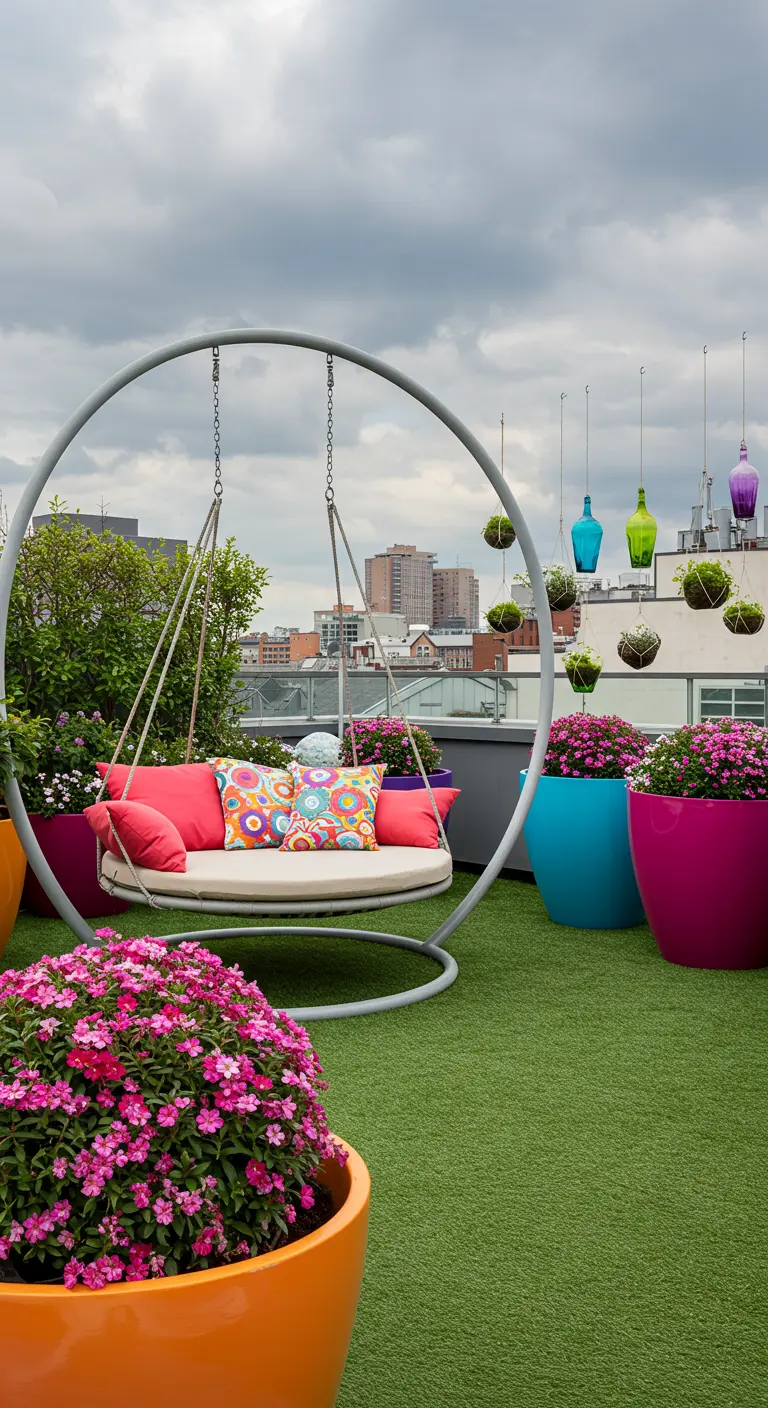 Colorful rooftop with bright planters, a circular swing chair, and pink flowers.