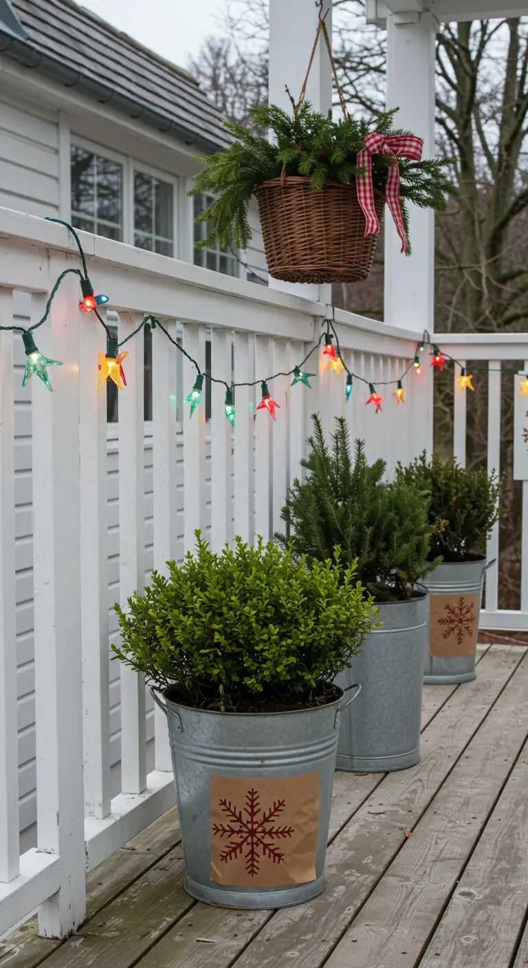 Galvanized bucket planters and colorful star lights on a white porch railing.