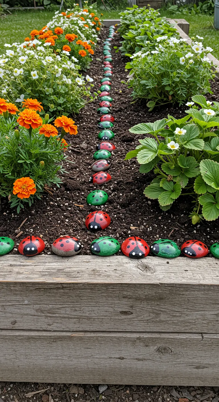 A line of alternating red and green painted ladybug rocks along a wooden raised garden bed.