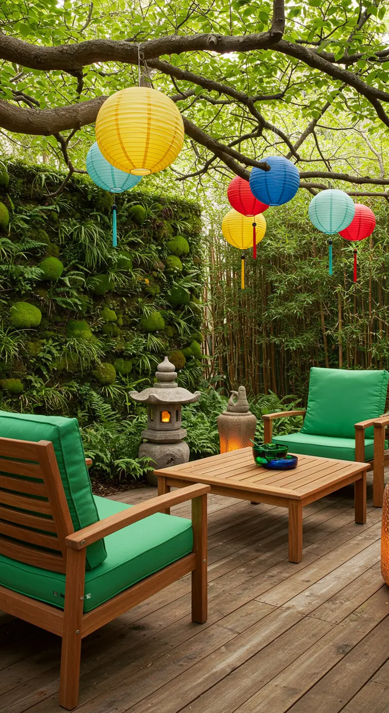 Garden patio with bright green chairs, a moss wall, and colorful paper lanterns.