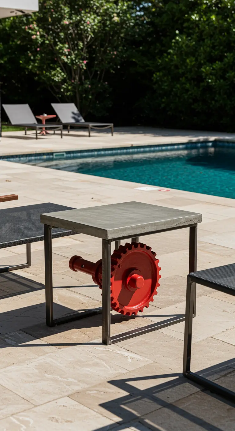 Concrete-top side table with a bright red gear suspended in the center of its metal frame.