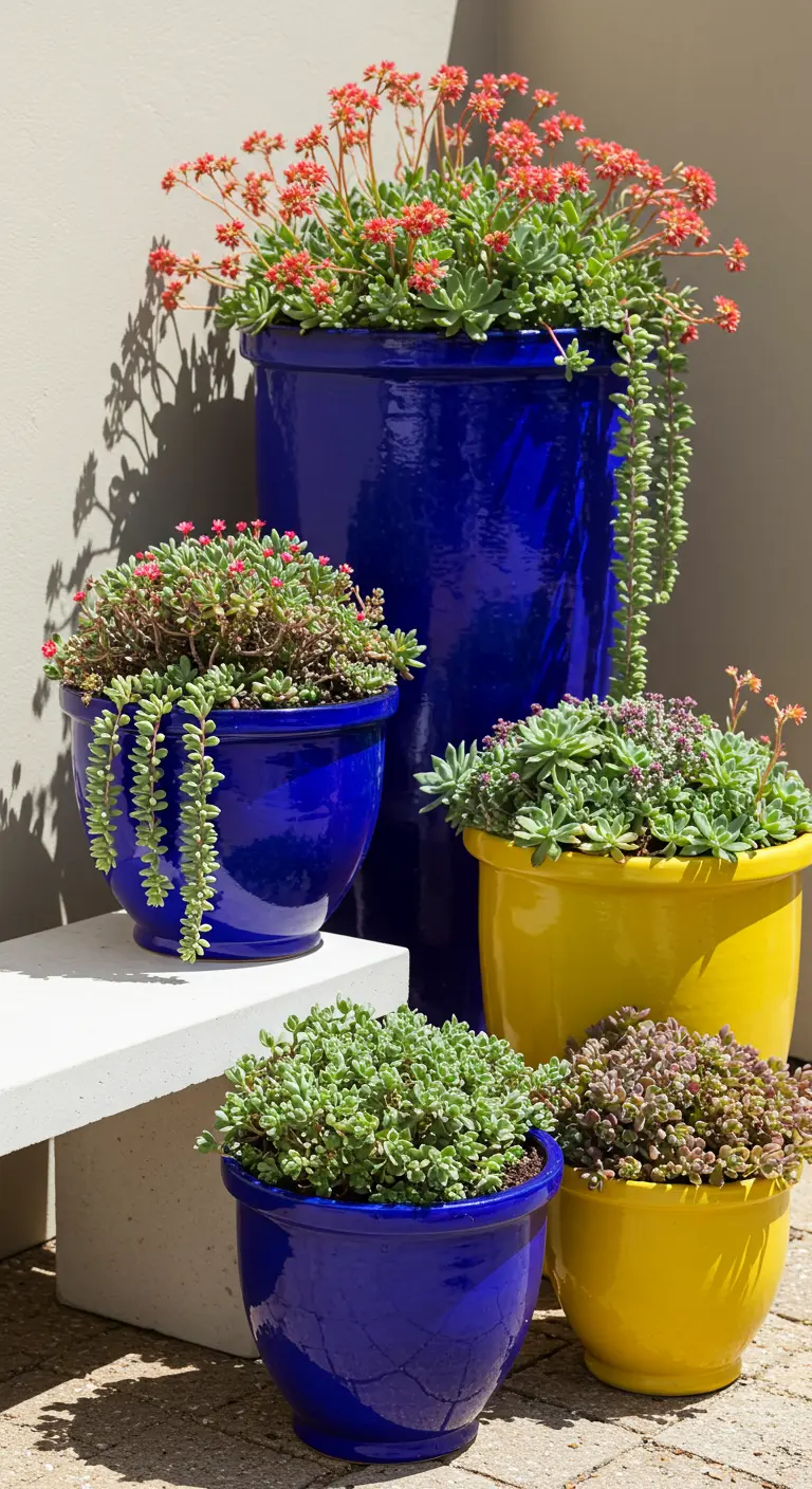 A white concrete bench next to a vibrant collection of cobalt blue and yellow succulent pots.