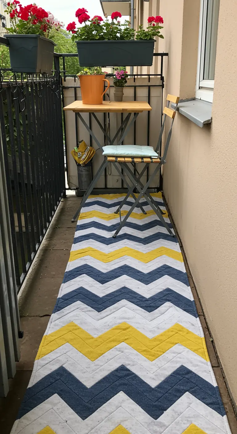 A narrow balcony with a bright blue, yellow, and white chevron runner and a small bistro set.