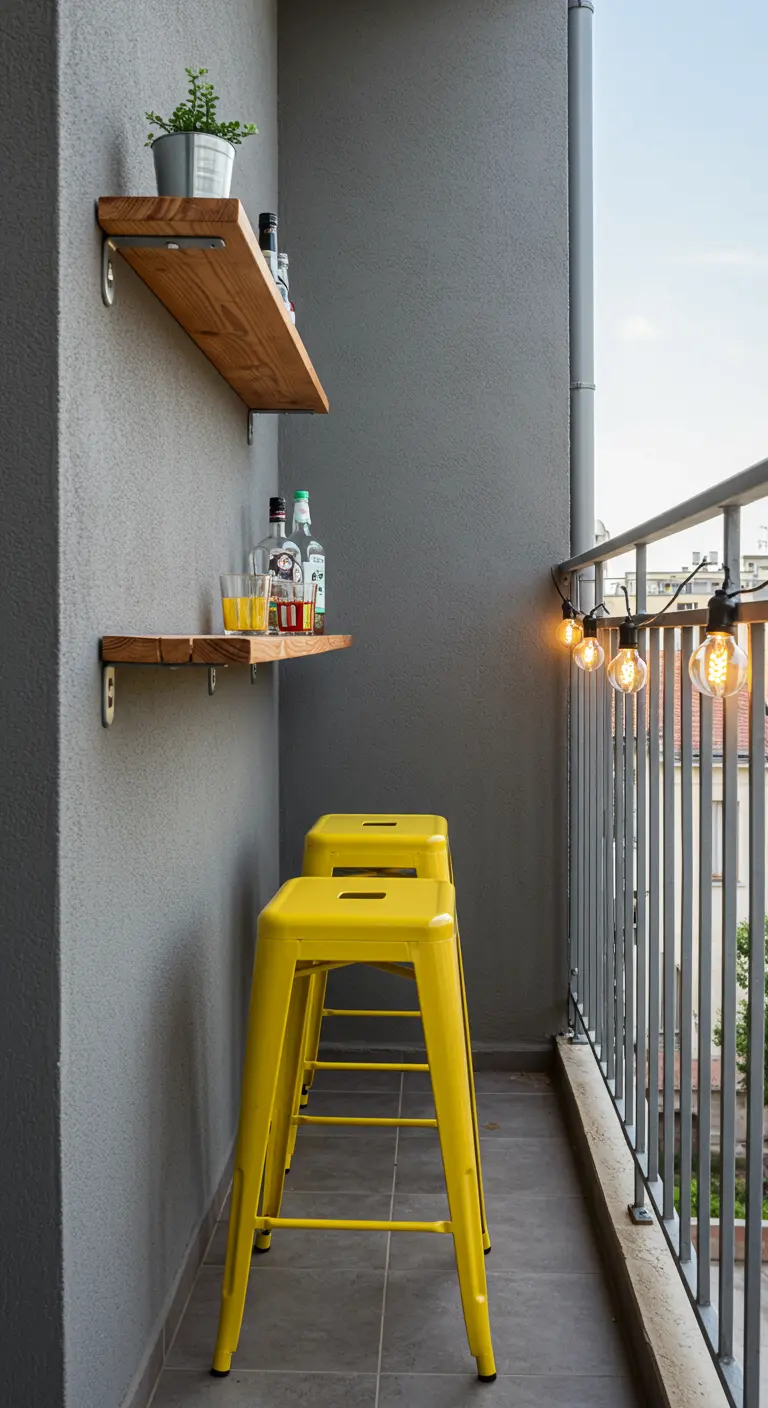 Bright yellow steel stools on a narrow balcony with wall shelves.