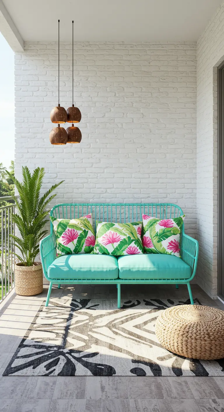 A bright turquoise sofa with tropical print pillows on a balcony.