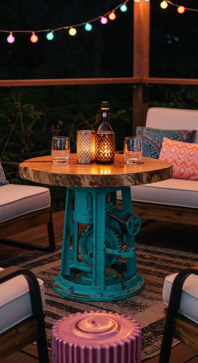Heavy industrial table base painted a vibrant, distressed turquoise, holding drinks under string lights.