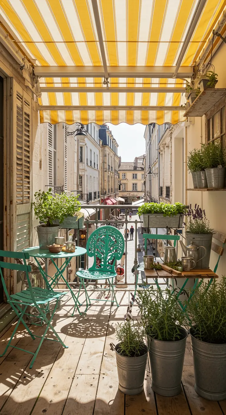 A teal-colored bistro set on a wooden balcony overlooking a sunny Parisian street.