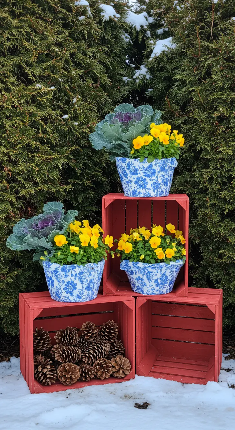 Bright red wooden crates hold blue and white floral pots with yellow pansies and ornamental cabbage.