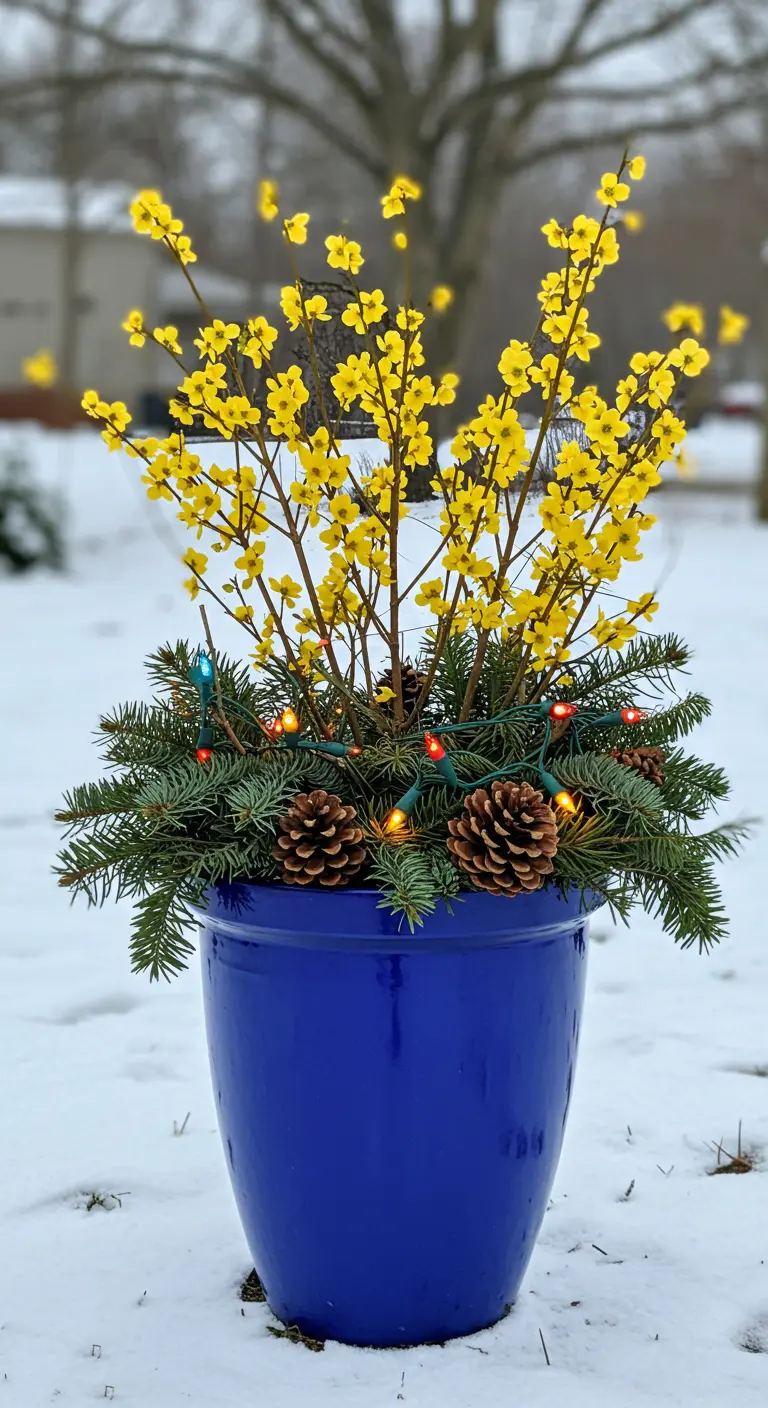A bright blue planter in the snow, filled with pine and blooming yellow forsythia branches.