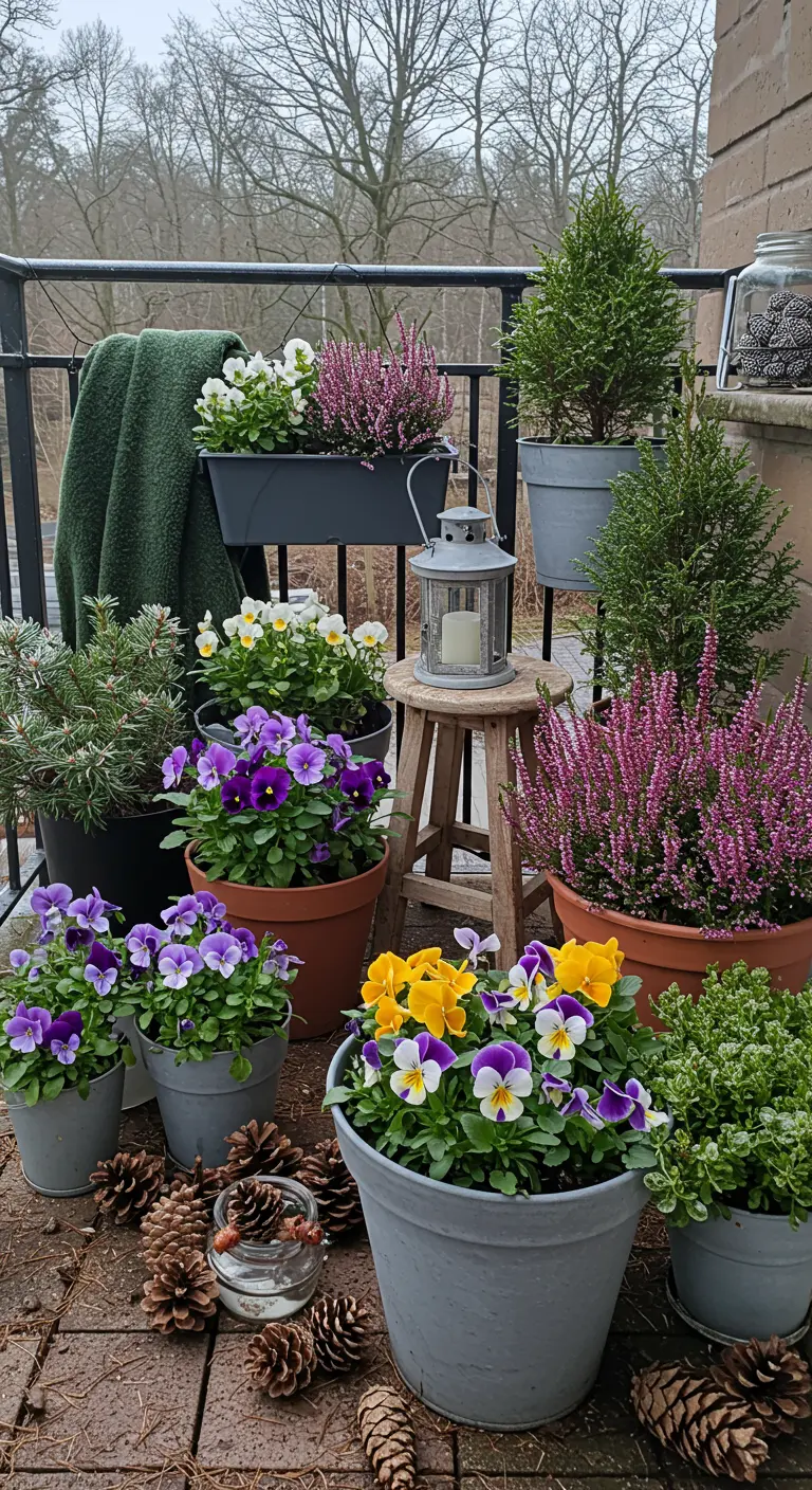 Balcony filled with colorful potted pansies, heather, and other winter flowers.