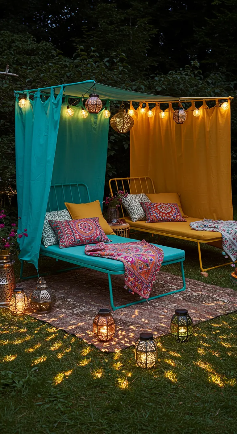 Two daybeds under a temporary canopy of teal and yellow fabric, lit with lanterns.