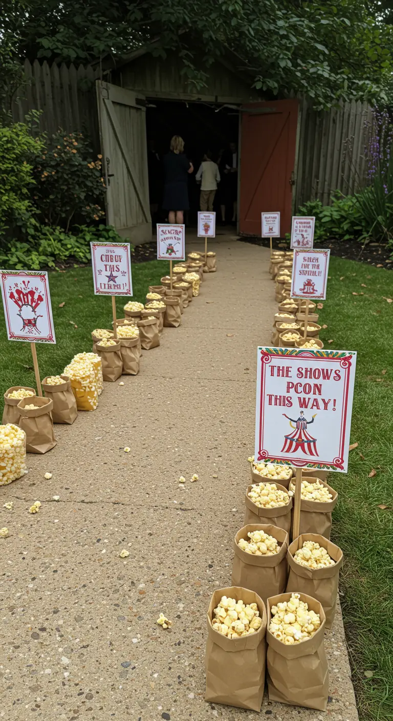 A walkway lined with paper bags of popcorn and small carnival signs.