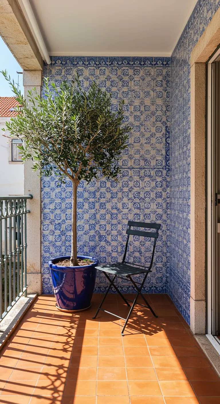 A potted olive tree in a cobalt blue planter against a wall of blue and white azulejo tiles.