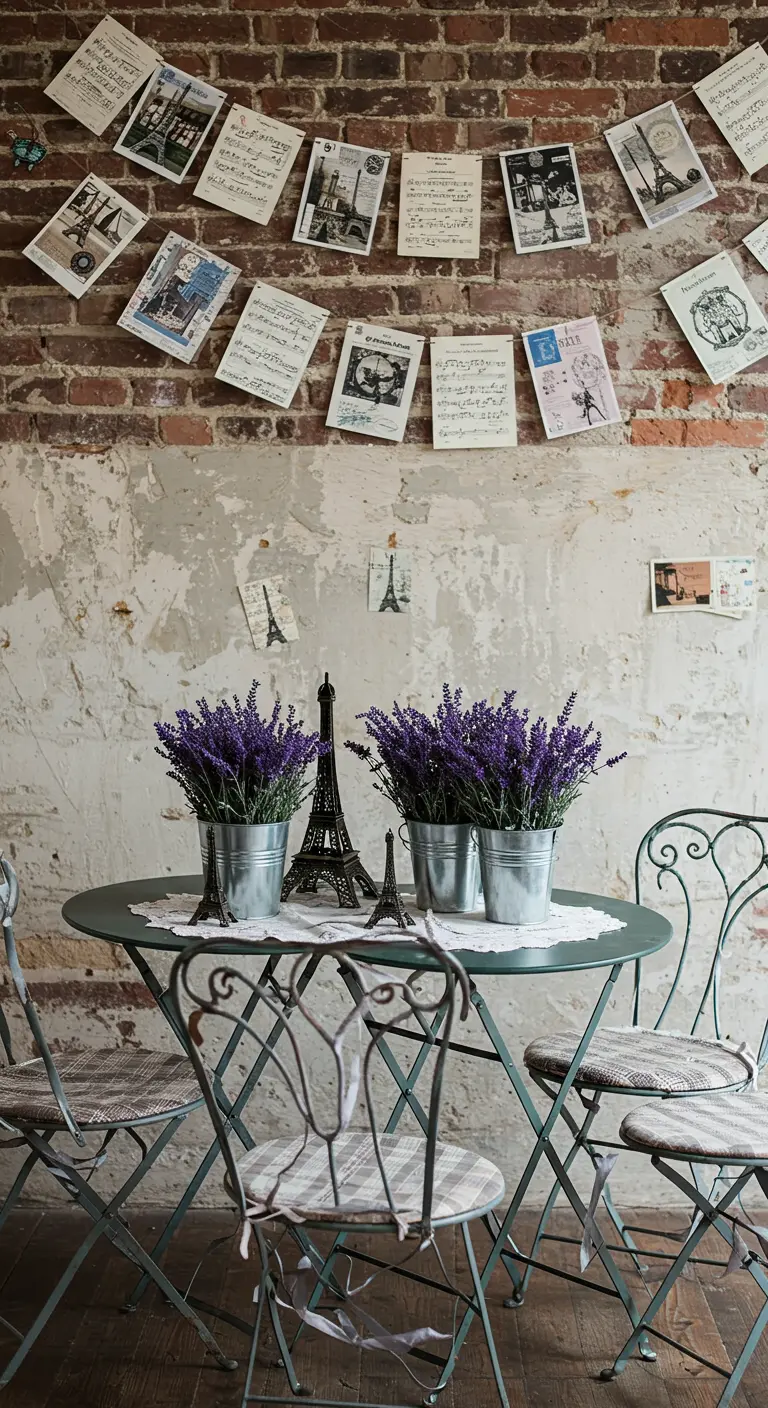 Parisian-themed corner with a bistro table, lavender, and postcard garland.