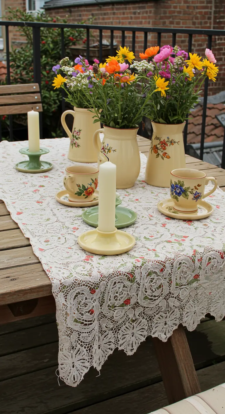 A wooden table set with vintage floral pottery used as vases, paired with simple white candles.