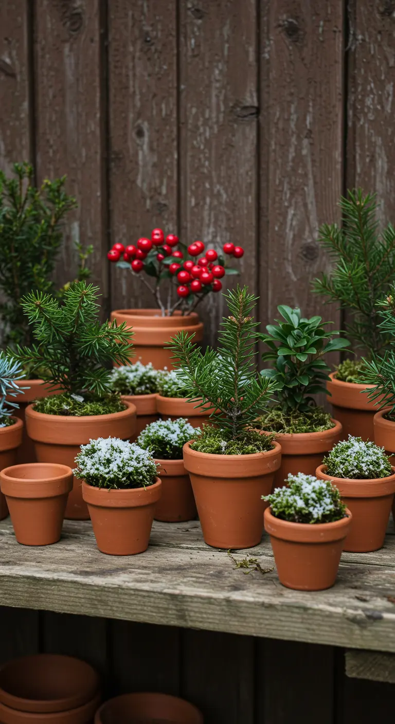 A wooden potting bench holding a collection of small terracotta pots with evergreen and berry cuttings.