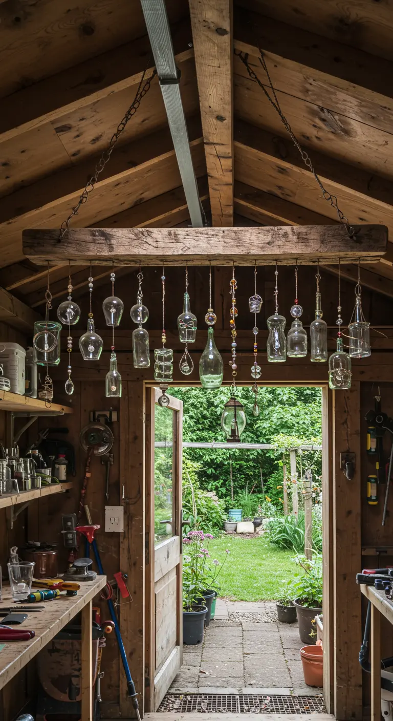 Eclectic glass bottle wind chimes hanging in the doorway of a rustic garden shed.