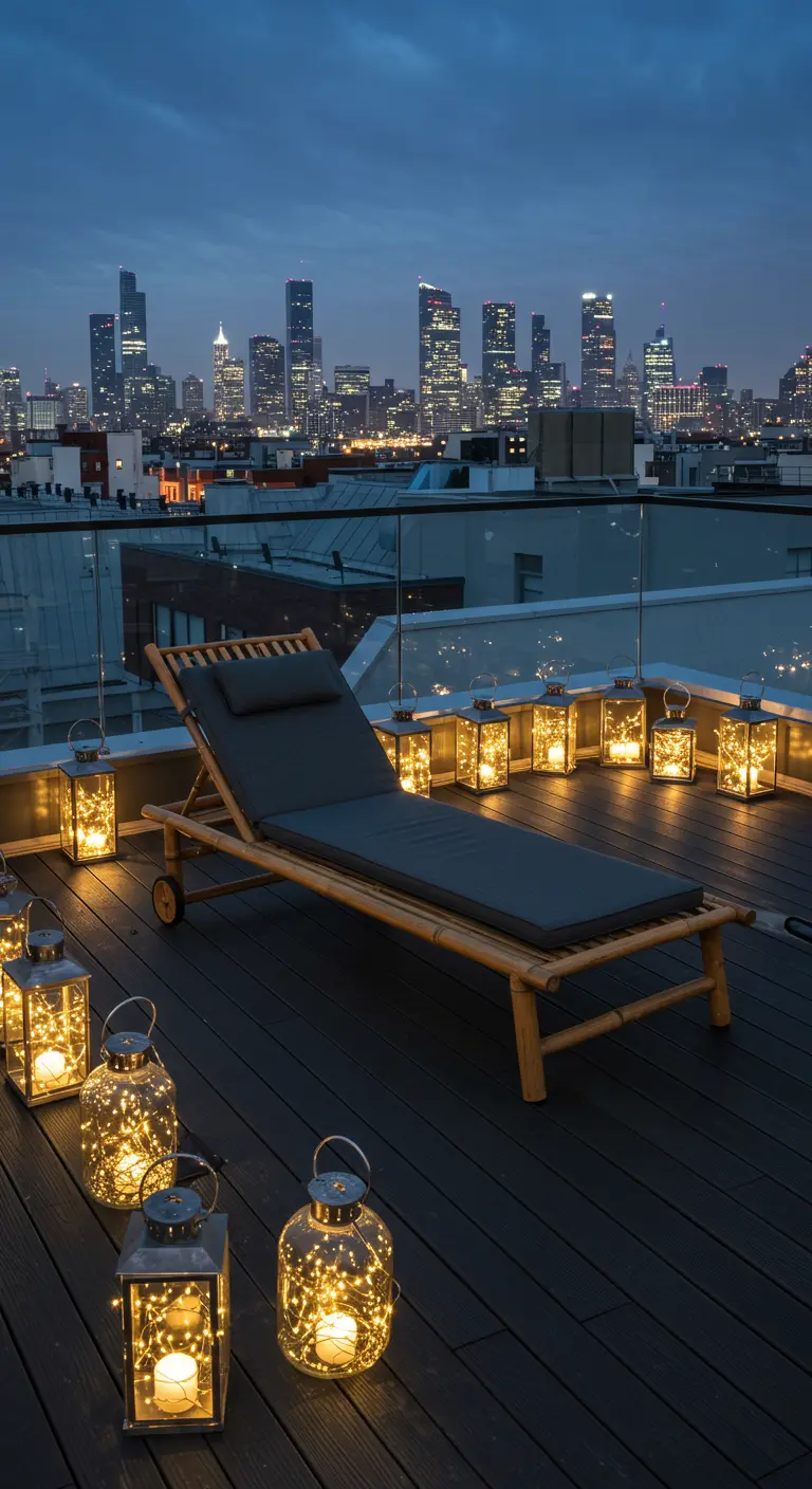 Bamboo lounger on a rooftop deck circled by glowing fairy-light lanterns, with a city skyline.